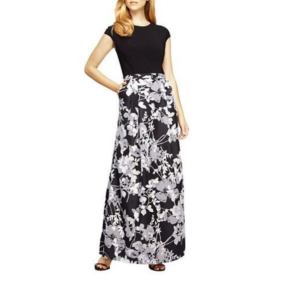 NWT Alex Evenings Floral Print Long Maxi Dress Pockets Size 10 Black White Event - Picture 1 of 13